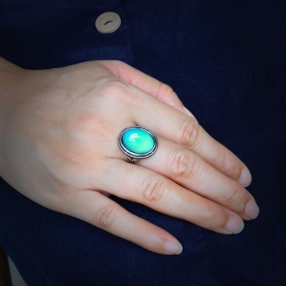 Vintage Style Antique Silver Plating Brass Oval Stone Color Change Mood Ring Siz - Picture 4 of 8